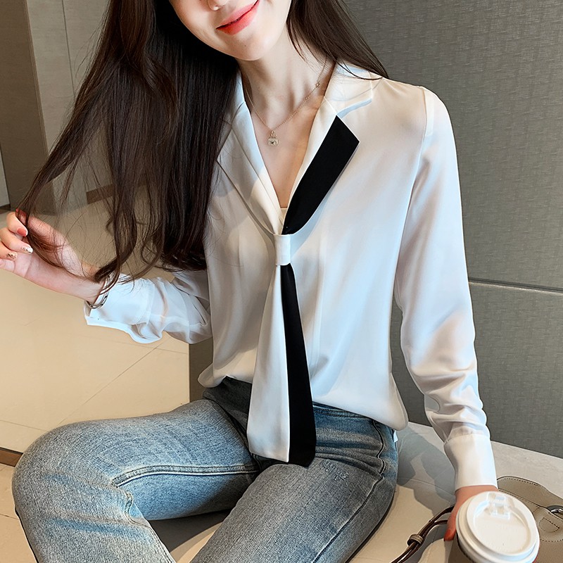 Korean Fashion V Neck Chiffon Office Blouse Women Autumn Korean Fashion V Neck Chiffon Office Blouse Women Autumn