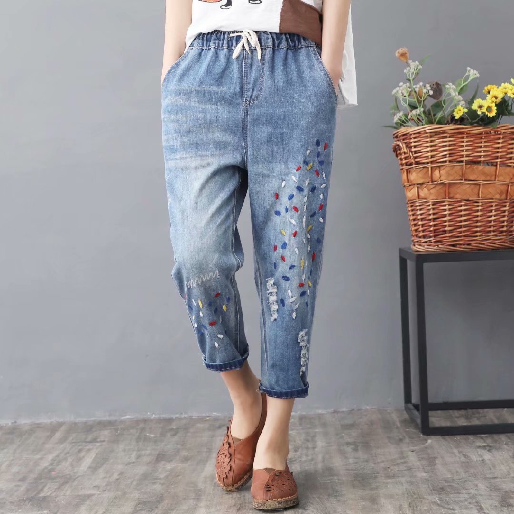 Plus Size New Women Cropped Denim Pants Casual Cropped Jeans Three Quarter Floral Embroidery Trousers Shopee Singapore