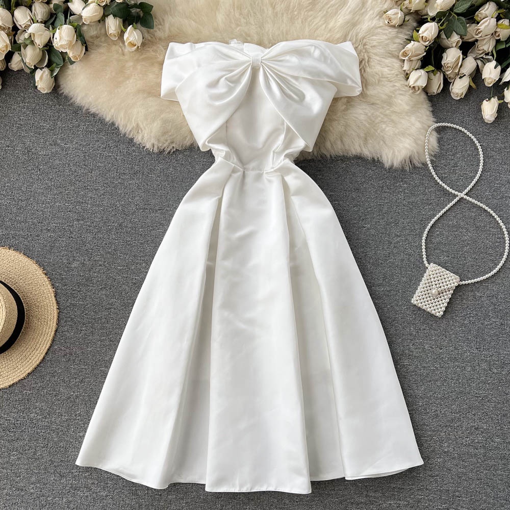 Women White Evening Party Dress Summer Sweet Bow One Word Neck Off The Shoulder Elegant Dresses Ladi