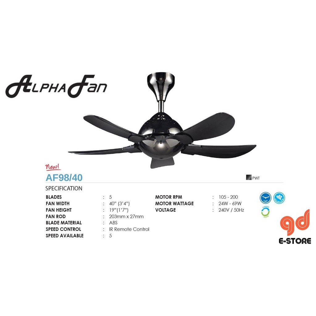Alpha Af98 40 Ceiling Fan With 5 Blades 5 Speed Remote Pwt