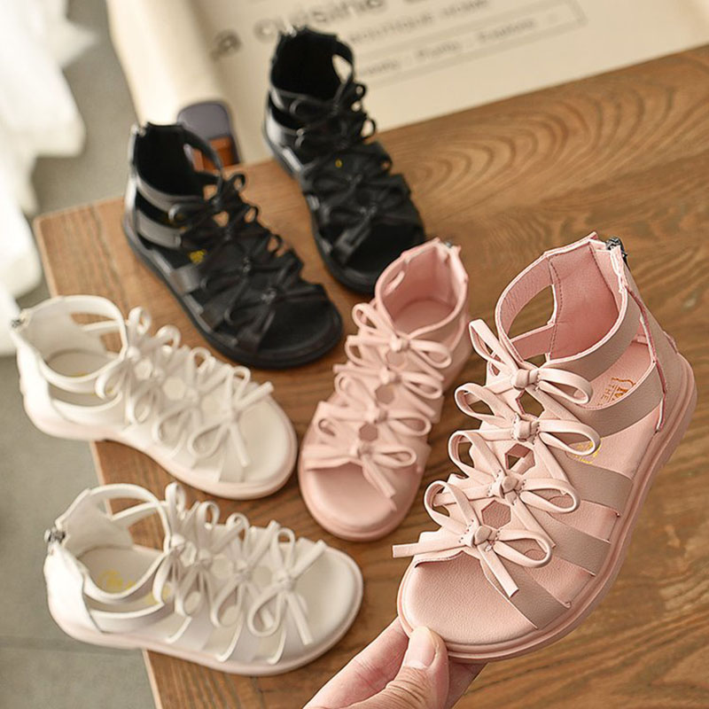 New Arrival Fashion Girls Bowtie Roman Shoes 2-18 Years Old Kids Anti-skid Soft Leather Sandals