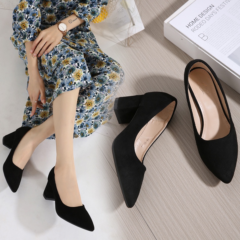 「KAEVE」2 inch Korean Women suede Pointed Toe Black heels for graduation Office Work Block high Heel