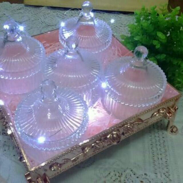1set Balang Bekas Kuih Kaca Biskut Raya Exclusive Rose Gold Tray Balang Crystal White Led Light Shopee Singapore