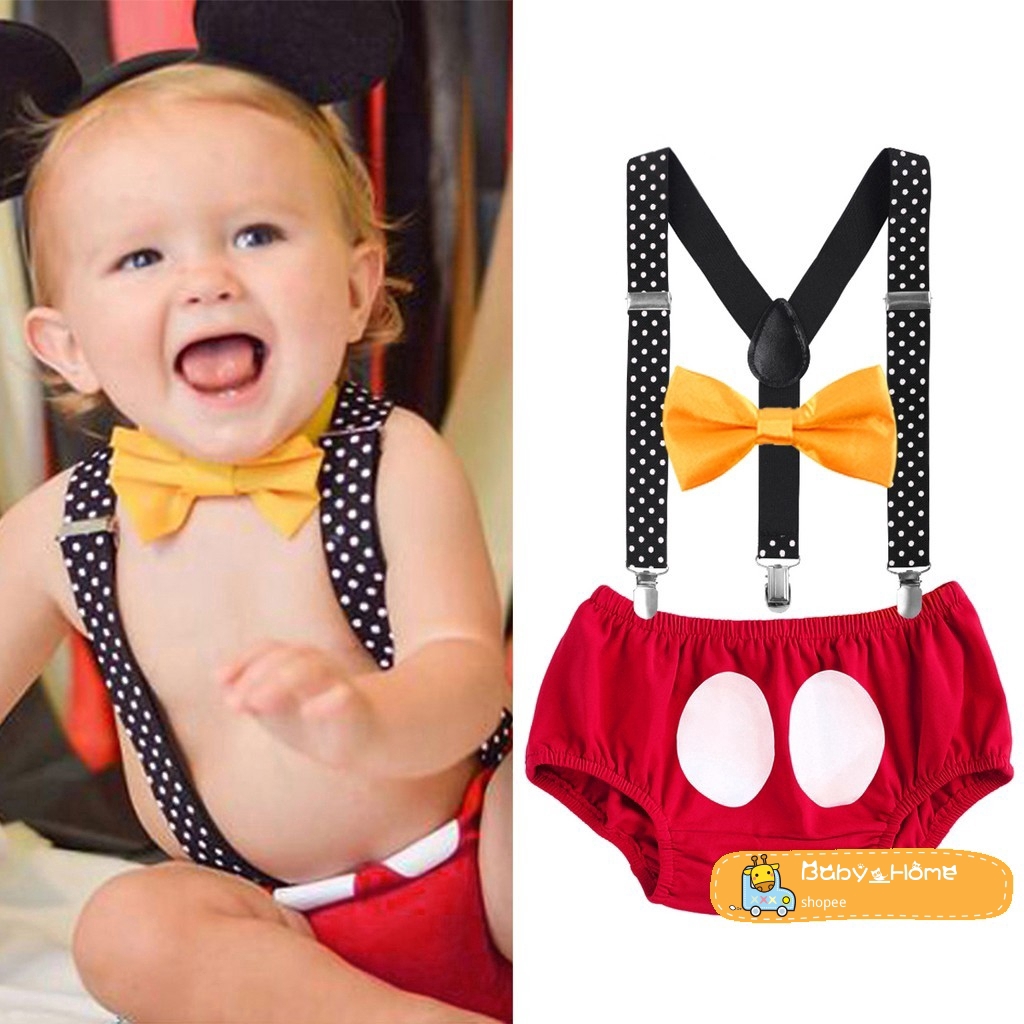 Baby Boy Mouse Cake Smash First Birthday Bloomers Suspenders Necktie Ear Headband Clothes Outfits Photography Props Costume 