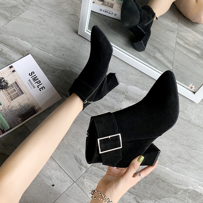 Boots for Women Korean Thick-Heel High Heel Suede Ankle Boots Women's Shoes