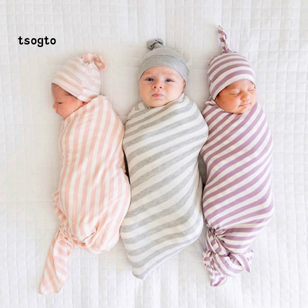 Tsogto 2Pcs/Set Striped Swaddle Baby Wrap Blanket Knot Beanie Newborn
