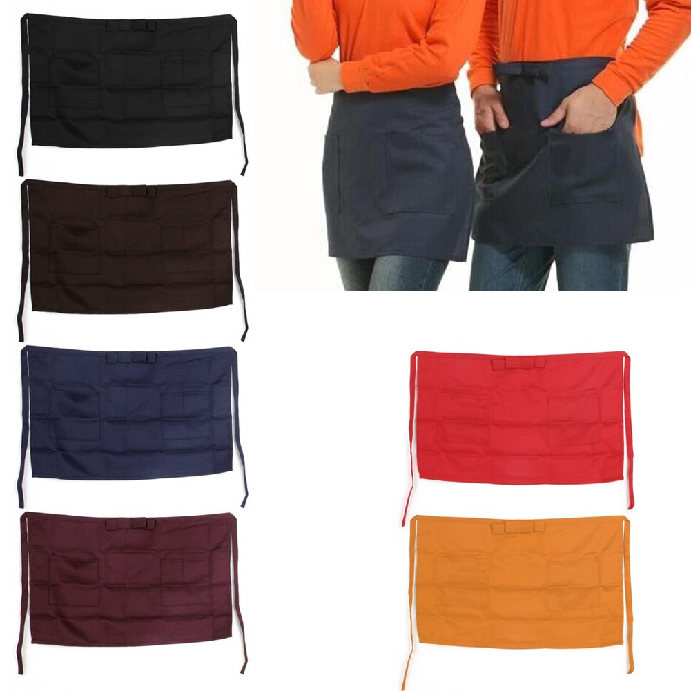1 pc Plain Black Half Size Waist Waiter Waitress Apron for Bar cafe 2 Pockets