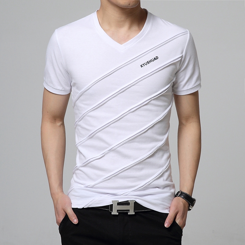 New Fashion Casual Style Men'S T-Shirt Stripe Design Short Sleeve V Neck T- Shirt Men Slim Fit Cotton Men Tops Tees Hommes | Shopee Singapore