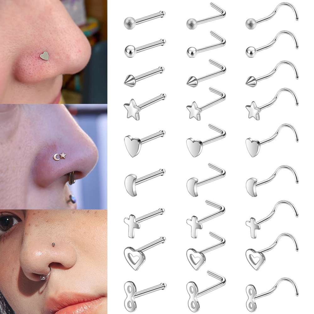 1 Pc Stainless Steel Nose Stud Heart Star Nose Piercings Cross Nose ...