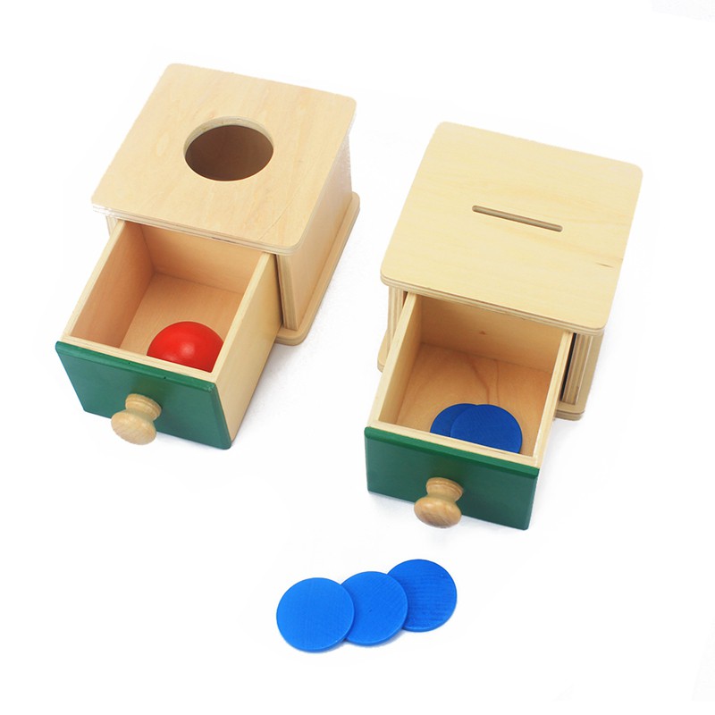 montessori object permanence box with tray and ball