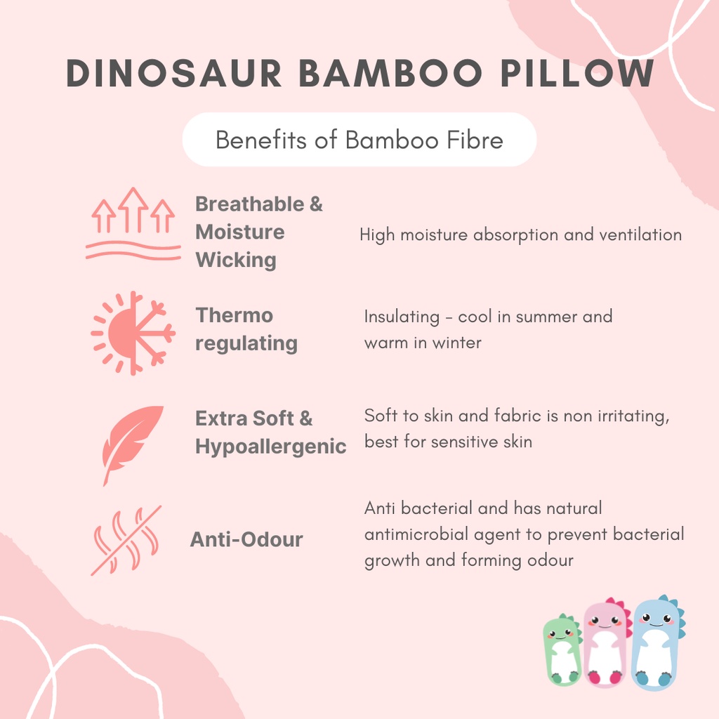 Lilbubsy Dinosaur Bamboo Pillow for Children, Toddlers and Babies / 3 Sizes and 3 colours (Ready Stock)