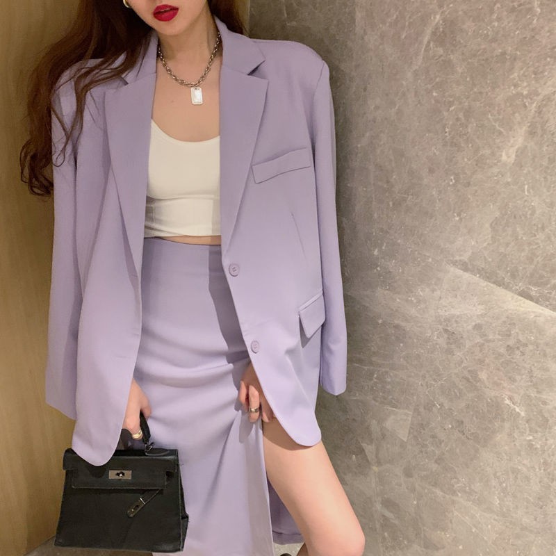 purple skirt and jacket set