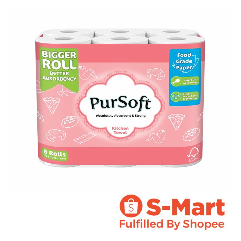 PurSoft FoodSafe Kitchen Towel 60 Sheets, Pack of 6 Shopee Singapore