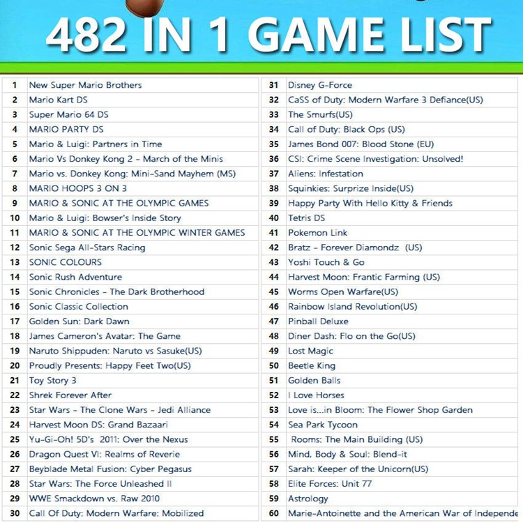 nintendo ds 520 in 1 game list