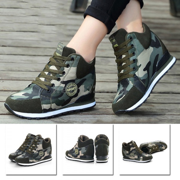 Women Wedge Camouflage Lace Up Sneakers High Top High Heel Slip On Running Shoes