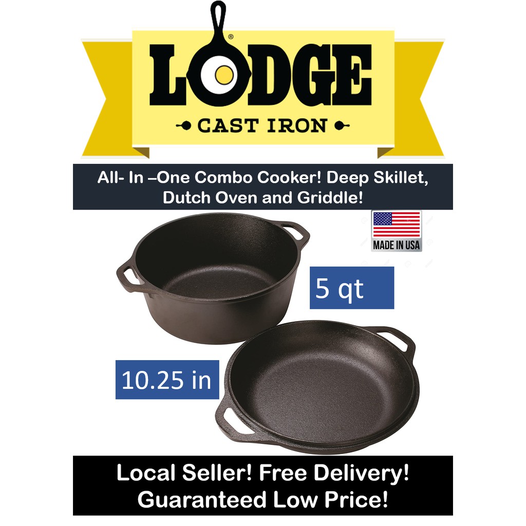 Lodge 5 Quart Cast Iron Combo Cooker! 5 Quart Dutch Oven. Lid turns