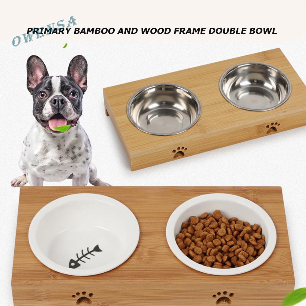 Bamboo Wood Stainless Steel Ceramic Pet Double Bowls Dogs Food