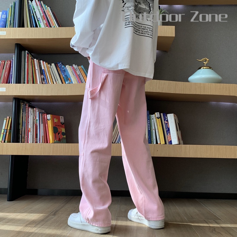 Pink Jeans Men's Straight Wide Leg Mopping Trousers Korean Style Side