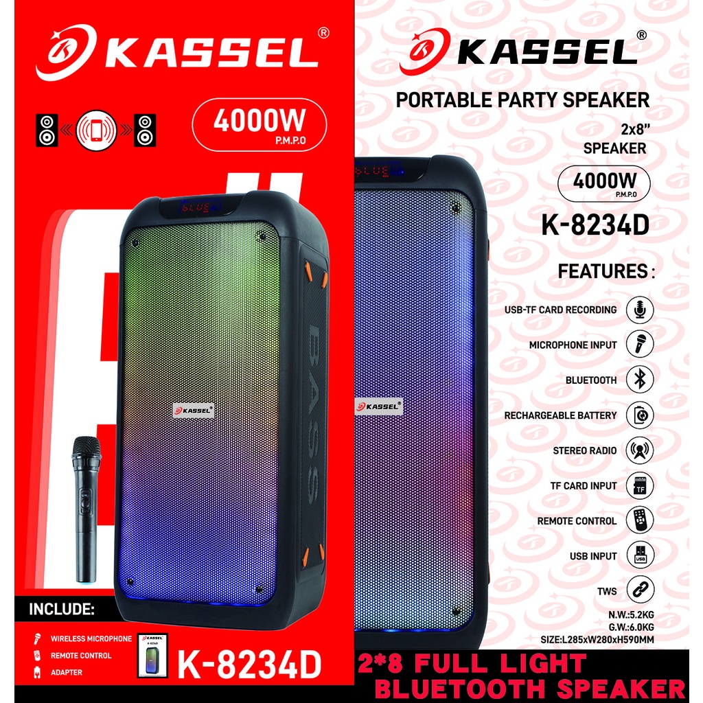 FREE USB KASSEL 8" TWS Karaoke Portable Super Bass Bluetooth Speaker FREE Wireless MIC K-8234D