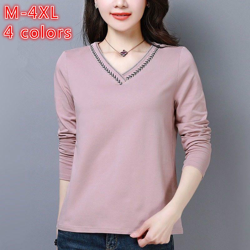 New Long Sleeved T Shirt Plus Size Women S Korean Style Loose V Neck Bottoming Shirt Shopee Singapore