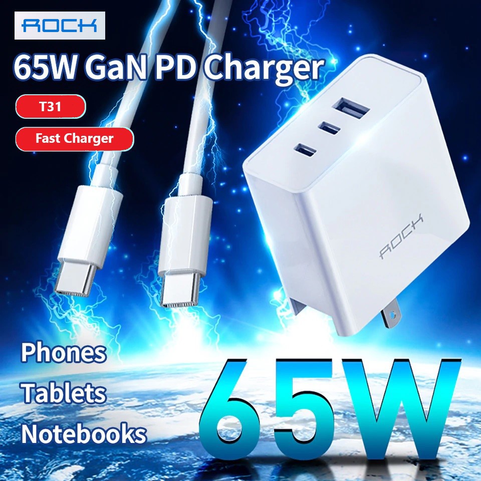 ROCK PD Fast Charger 65W Power GaN PD Fast Charge Dual TypeC + USBA