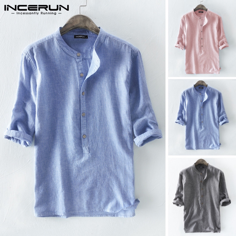 INCERUN Men's Casual 3/4 Sleeve Striped Causal Loose Shirts | Shopee ...