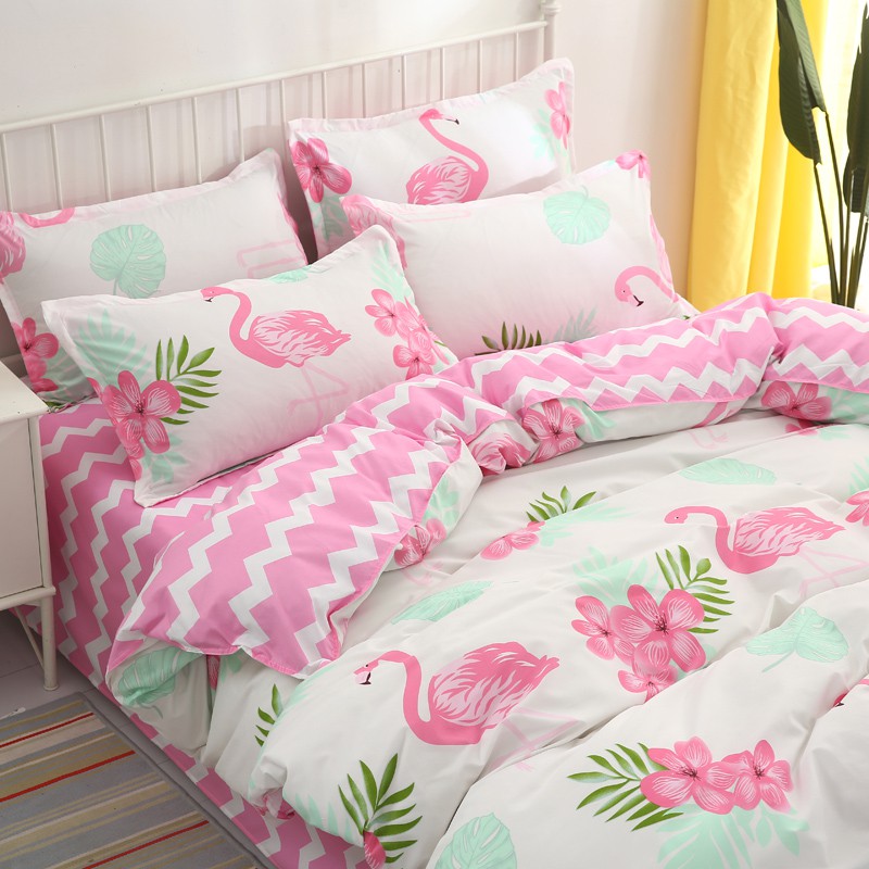Pink And White Striped Flat Sheet Flamingo Bedding Set Duvet Cover