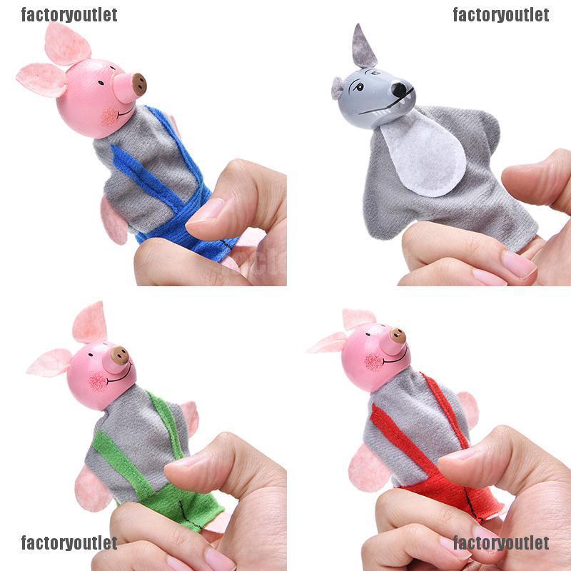 4 Pcs/set Three Little Pigs Finger Puppets Wooden Headed Baby Educational Toy PR 