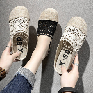 Image of Round head slippers summer retro linen lace hollow flat women's shoes