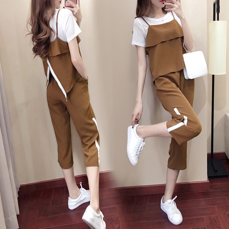 Three piece set women new 2021 summer Korean fashion short sleeve loose  casual wide leg pants | Shopee Singapore