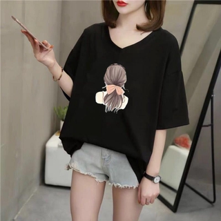 【40-150KG】Womens Pattern Printed Plus Size V Neck Tee Casual Big Size Cute Cartoon Patterned T-shirt V-Neck Short Sleeves Loose Fit Tummy Hide Tops