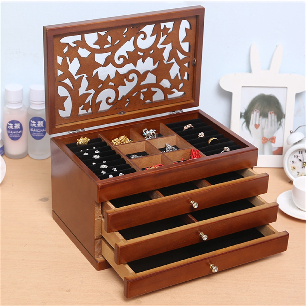 Large Retro 6 Layers Wooden Jewellery Box Cabinet Display