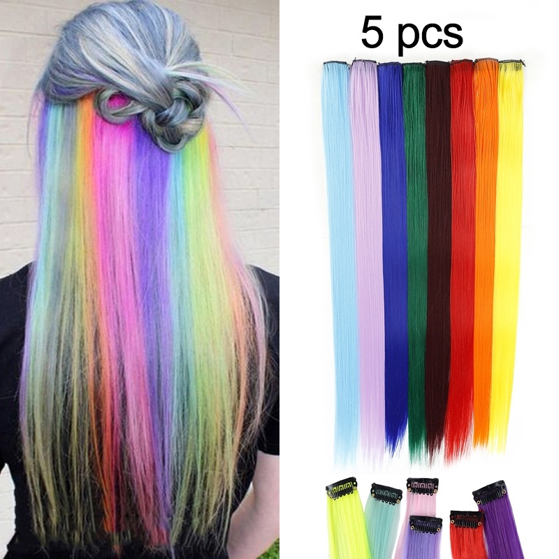 5 Packs Long Straight Colored Hair Extensions Clip In Highlight Rainbow Hair Streak Pink Synthetic Hair Shopee Singapore