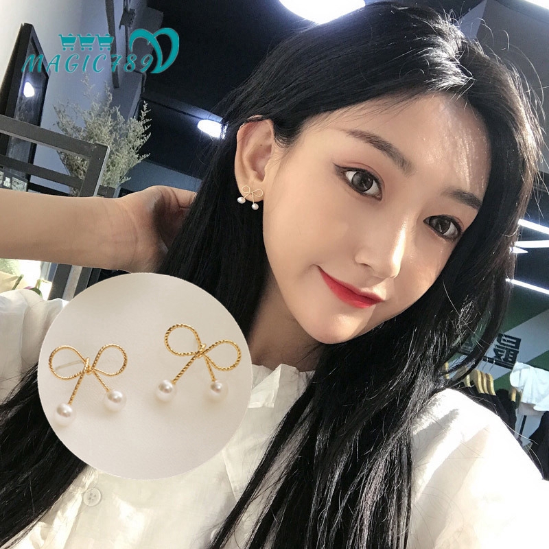 Magic789 Sweet Korean Girls Gold Bowknot Pearl Stud Earrings Korean Women Fashion Ear Jewelry Shopee Singapore