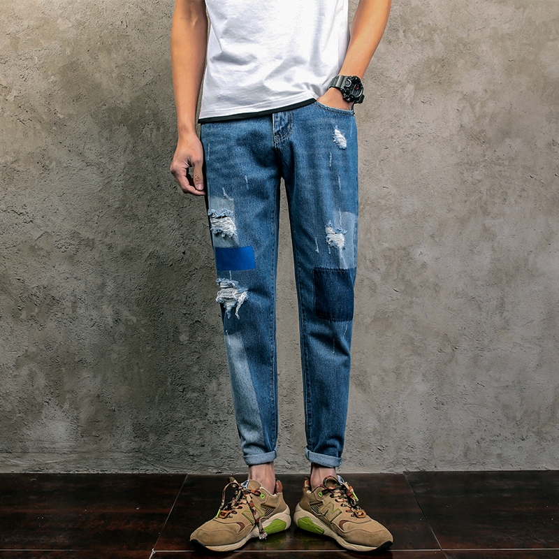 New Designer Hip Hop Jeans Men Pants Knee Patchwork Ripped Denim Jeans Shopee Singapore