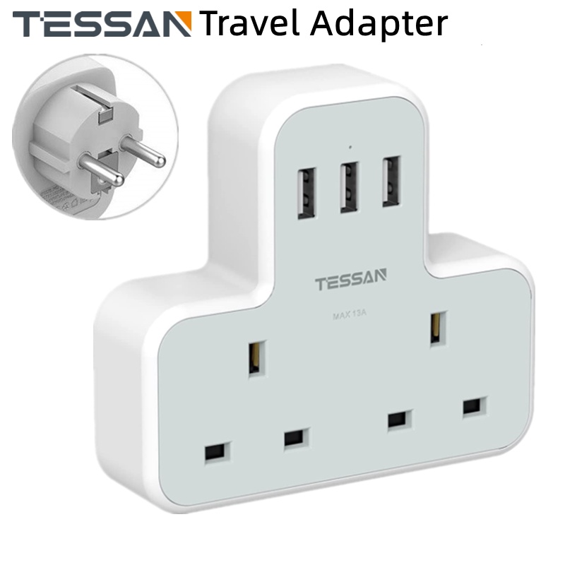 TESSAN SG to European Travel Adapter with 3 USB Ports,Double Plug