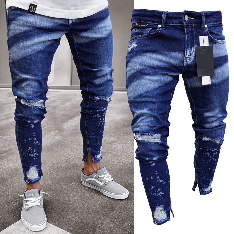 Fashion Men Ripped Jeans Skinny Jeans Destroyed Jeans Frayed Slim Fit Denim Pant Shopee Singapore