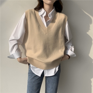 Image of Korean Style Women Knitted Sleeveless Loose V-neck Knit Vest Loose V-neck Sweater