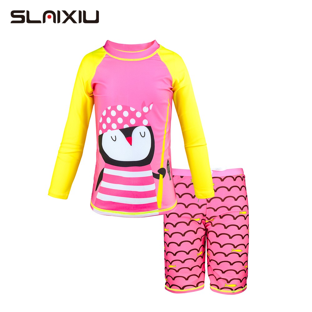 SLAIXIU Kids Girls Swimwear Cartoon Penguin Design Long Sleeve Tops