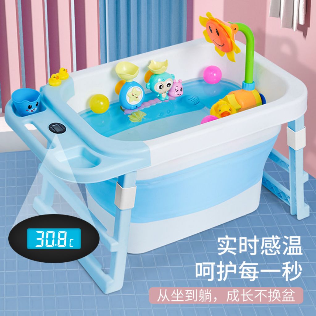 Thermometer Tub Folding Bath Bucket For Children To Take A Bath Swimming Bucket Home Baby Basin Large Newborn Can Sit Shopee Singapore