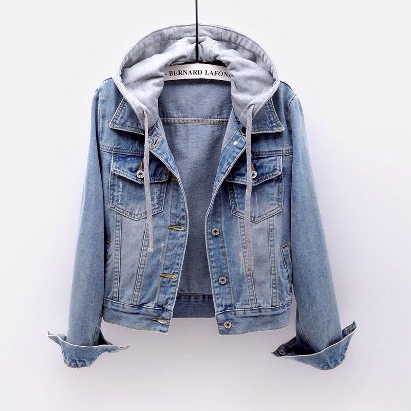 Image of [Removable Hat] Plus Size Women's Korean Version Slim-Fit Denim Short Long-Sleeved Hooded Jacket 2022 Student Spring Autumn New Style Casual #3
