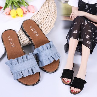 Image of slippers outdoor korean fashion suede ladies flat rubber beach sandals for women