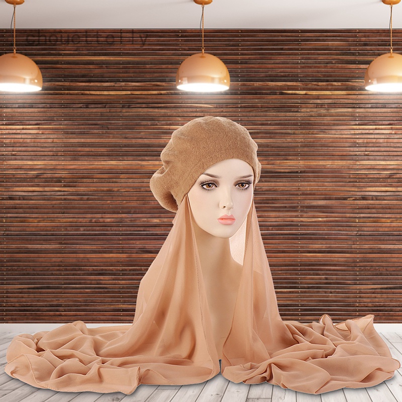 Fashion Musilm Women French Style Beret Hats with Chiffon Hijab Baret