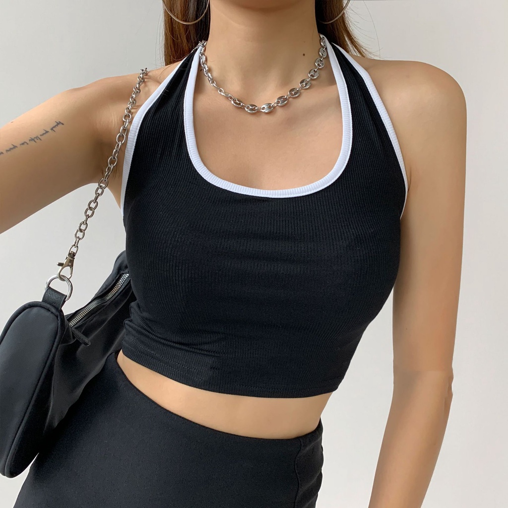 Image of Black Outer Wear Small Halter Camisole Women Summer Inner Round Neck Yoga Sleeveless t-Shirt Tight Hot Girl Bottoming Shirt #8