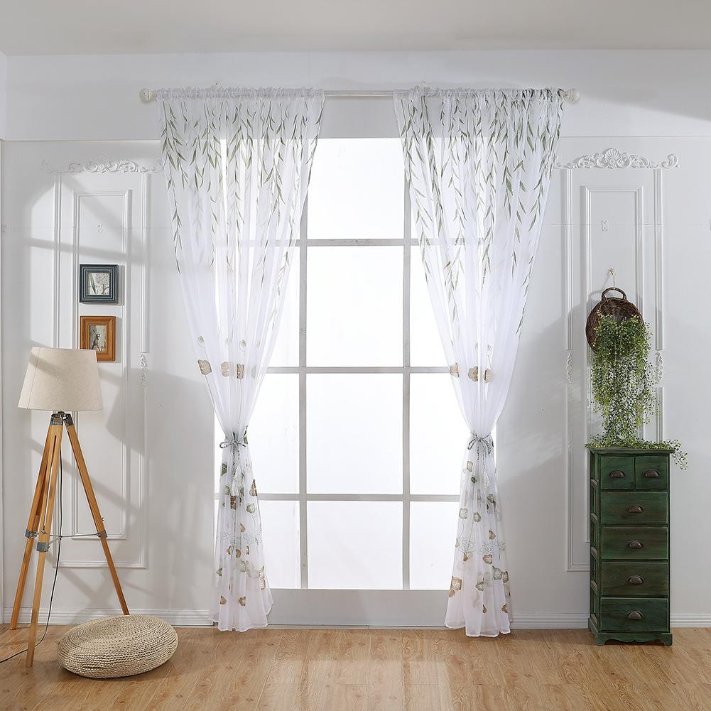 2pcs Willow Branch Print Sheer Voile Drapes Windows Curtains