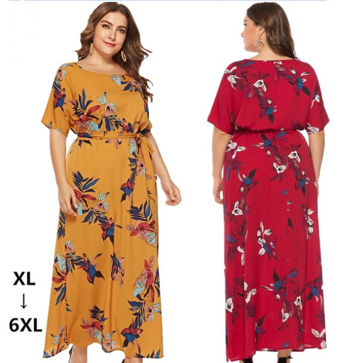 Plus Size Round Neck Empire Waist Long Floral Beach Boho Dinner