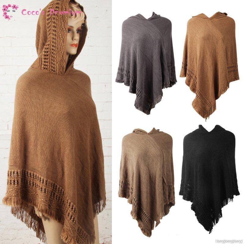 Coco Women Batwing Knit Cape Poncho Tassels Warm Hooded Outwear Shopee Singapore