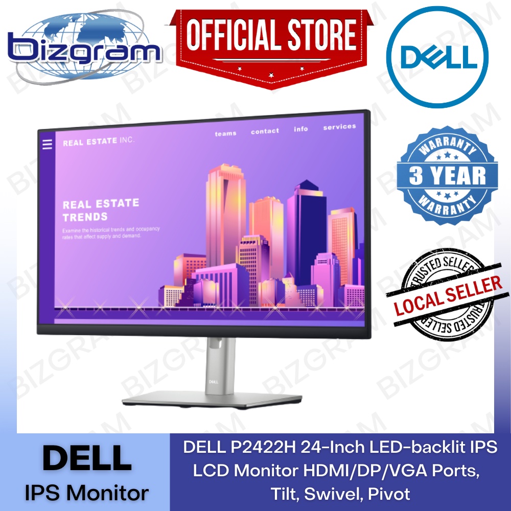 Dell P2422h 24 Inch Led Backlit Ips Lcd Monitor Hdmidpvga Ports Tilt Swivel Pivot 3 Years 