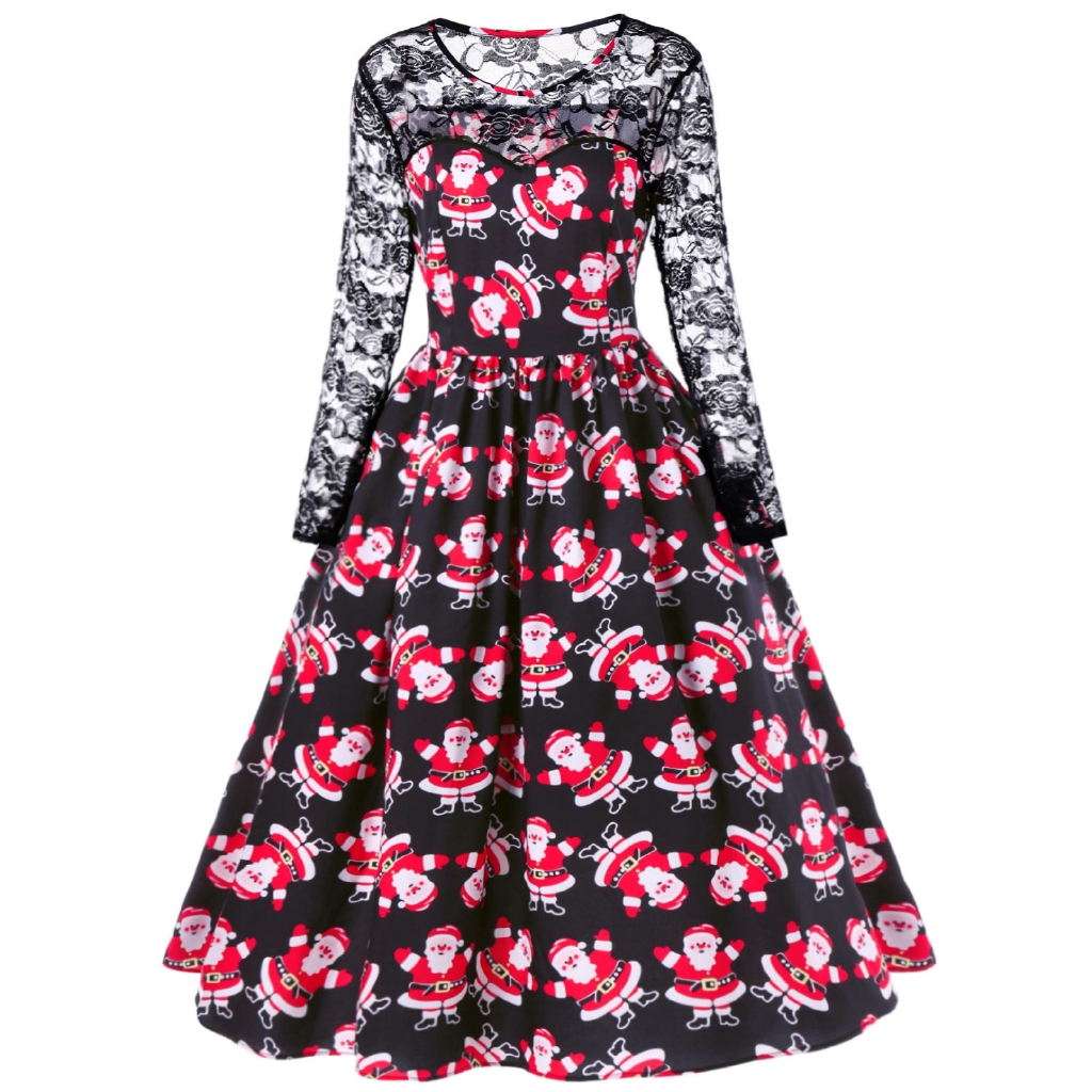 [Dress] Father Christmas Print Lace Panel Dress