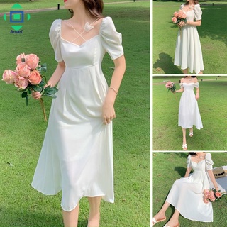 Women's Elegant Summer Dress Puff Short Sleeve French Style Swing Sundress Wedding Dress Lace Butterfly Decor Plain White High Waist S-2XL